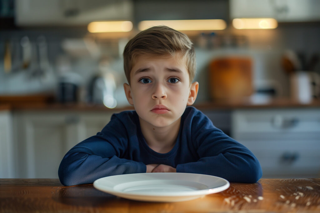 A food-allergic child looking at a dinner plate.